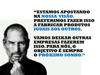 “ESTAMOS APOSTANDO
NA NOSSA VISÃO.
PREFERIMOS FAZER ISSO
A FABRICAR PRODUTOS
IGUAIS AOS OUTROS.

VAMOS DEIXAR OUTRAS
EMPRESAS FAZEREM
ISSO. PARA NÓS, O
OBJETIVO É SEMPRE
O PRÓXIMO SONHO.”
 