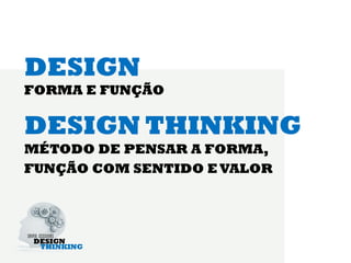DESIGN
FORMA E FUNÇÃO

DESIGN THINKING
MÉTODO DE PENSAR A FORMA,
FUNÇÃO COM SENTIDO E VALOR
 