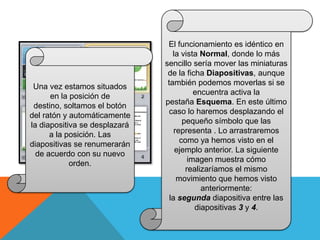 Una vez estamos situados
en la posición de
destino, soltamos el botón
del ratón y automáticamente
la diapositiva se desplazará
a la posición. Las
diapositivas se renumerarán
de acuerdo con su nuevo
orden.

El funcionamiento es idéntico en
la vista Normal, donde lo más
sencillo sería mover las miniaturas
de la ficha Diapositivas, aunque
también podemos moverlas si se
encuentra activa la
pestaña Esquema. En este último
caso lo haremos desplazando el
pequeño símbolo que las
representa . Lo arrastraremos
como ya hemos visto en el
ejemplo anterior. La siguiente
imagen muestra cómo
realizaríamos el mismo
movimiento que hemos visto
anteriormente:
la segunda diapositiva entre las
diapositivas 3 y 4.

 