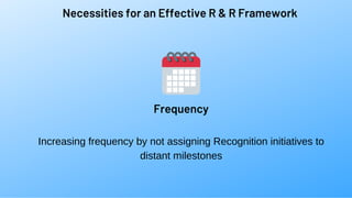 Necessities for an Effective R & R Framework
Increasing frequency by not assigning Recognition initiatives to
distant milestones
Frequency
 