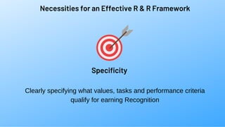 Necessities for an Effective R & R Framework
Clearly specifying what values, tasks and performance criteria
qualify for earning Recognition
Specificity
 