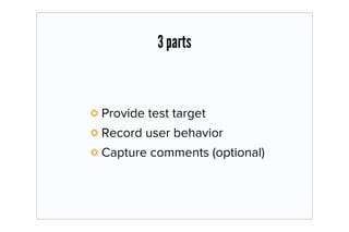 3 parts



Provide test target
Record user behavior
Capture comments (optional)
 