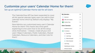 Customize your users’ Calendar Home for them!
Set up an optimal Calendar Home tab for all Users
The CalendarView API has been expanded to cover
all the special calendar types users can add to their
calendar home which by default only displays “My
Events”.
Now Admins can customized every user’s Calendar
Home for them! This means less time spent
explaining to end users how to do all the setup
clicks themselves -- instead, create all your end
users’ Object Calendars, Public Calendars, Shared
Calendars, Resource Calendars, and User Lists for
them!
 