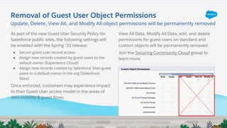 Removal of Guest User Object Permissions
As part of the new Guest User Security Policy for
Salesforce public sites, the following settings will
be enabled with the Spring ‘21 release:
● Secure guest user record access
● Assign new records created by guest users to the
default owner (Experience Cloud)
● Assign new records created by Salesforce Sites guest
users to a default owner in the org (Salesforce
Sites).
Once enforced, customers may experience impact
to their Guest User access model in the areas of
data visibility & guest flows.
Update, Delete, View All, and Modify All object permissions will be permanently removed
View All Data, Modify All Data, edit, and delete
permissions for guest users on standard and
custom objects will be permanently removed.
Join the Securing Community Cloud group to
learn more.
 