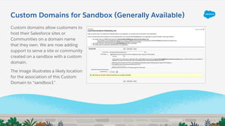 Custom Domains for Sandbox (Generally Available)
Custom domains allow customers to
host their Salesforce sites or
Communities on a domain name
that they own. We are now adding
support to serve a site or community
created on a sandbox with a custom
domain.
The image illustrates a likely location
for the association of this Custom
Domain to “sandbox1”.
 