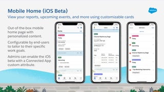 Out-of-the-box mobile
home page with
personalized content.
Configurable by end-users
to tailor to their specific
work goals.
Admins can enable the iOS
beta with a Connected App
custom attribute.
Mobile Home (iOS Beta)
View your reports, upcoming events, and more using customizable cards
 