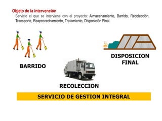 BARRIDO
RECOLECCION
DISPOSICION
FINAL
SERVICIO DE GESTION INTEGRAL
Objeto de la intervención
Servicio el que se interviene con el proyecto: Almacenamiento, Barrido, Recolección,
Transporte, Reaprovechamiento, Tratamiento, Disposición Final.
 