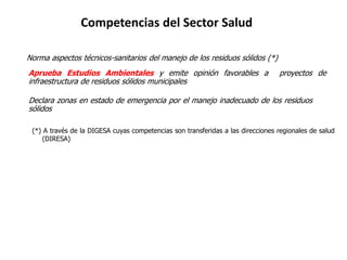 Competencias del Sector Salud
Norma aspectos técnicos-sanitarios del manejo de los residuos sólidos (*)
Aprueba Estudios Ambientales y emite opinión favorables a proyectos de
infraestructura de residuos sólidos municipales
Declara zonas en estado de emergencia por el manejo inadecuado de los residuos
sólidos
(*) A través de la DIGESA cuyas competencias son transferidas a las direcciones regionales de salud
(DIRESA)
 