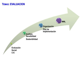 Análisis
Sensibilidad
Sostenibilidad
Organización
Plan de
Implementación
MML
TEMAS: EVALUACION
Evaluación
Social
C-E
 