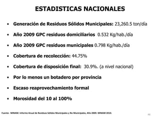 48
• Generación de Residuos Sólidos Municipales: 23,260.5 ton/día
• Año 2009 GPC residuos domiciliarios 0.532 Kg/hab./día
• Año 2009 GPC residuos municipales 0.798 Kg/hab./día
• Cobertura de recolección: 44.75%
• Cobertura de disposición final: 30.9%. (a nivel nacional)
• Por lo menos un botadero por provincia
• Escaso reaprovechamiento formal
• Morosidad del 10 al 100%
ESTADISTICAS NACIONALES
Fuente: MINAM. Informe Anual de Residuos Sólidos Municipales y No Municipales, Año 2009. MINAM 2010.
 
