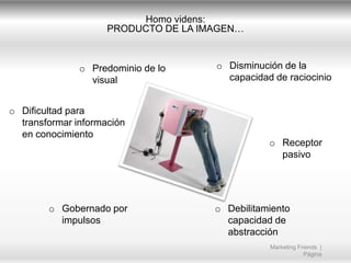 Homo videns:
PRODUCTO DE LA IMAGEN…

o Predominio de lo
visual
o Dificultad para
transformar información
en conocimiento

o Gobernado por
impulsos

o Disminución de la
capacidad de raciocinio

o Receptor
pasivo

o Debilitamiento
capacidad de
abstracción
Marketing Friends |
Página

 