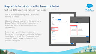 Report Subscription Attachment (Beta)
Opt in to the Beta in Report & Dashboard
settings in Setup.
Users can choose to atta...