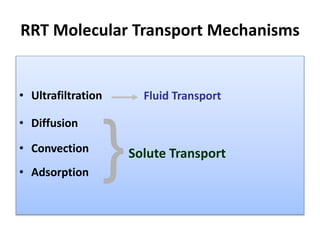 RRT Molecular Transport Mechanisms
• Ultrafiltration
• Diffusion
• Convection
• Adsorption
Fluid Transport
Solute Transport
}
 