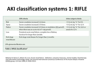 AKI classification systems 1: RIFLE
Bellomo R, Ronco C, Kellum JA, et al. Acute renal failure - definition, outcome measures, animal models, fluid therapy
and information technology needs: the second International Consensus Conference of the Acute Dialysis Initiative
(ADQI) group. Crit Care 2004; 8: R204–R212.
 