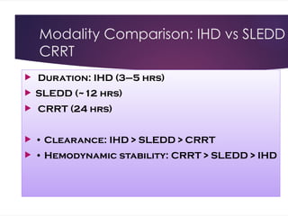 Modality Comparison: IHD vs SLEDD
CRRT
 Duration: IHD (3–5 hrs)
 SLEDD (~12 hrs)
 CRRT (24 hrs)
 • Clearance: IHD > SLEDD > CRRT
 • Hemodynamic stability: CRRT > SLEDD > IHD
 