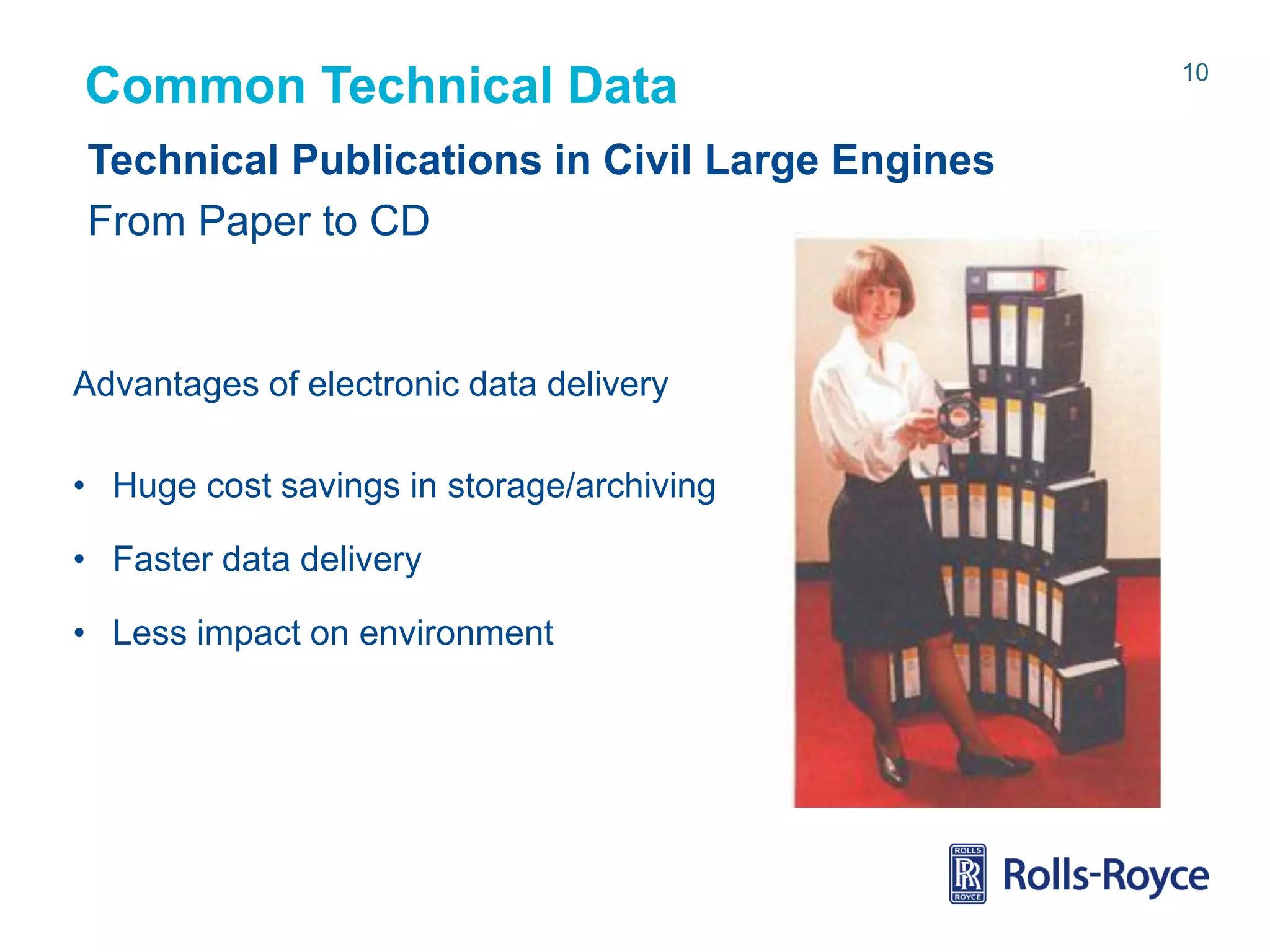 Common Technical Data
Technical Publications in Civil Large Engines
From Paper to CD

Advantages of electronic data delivery
• Huge cost savings in storage/archiving
• Faster data delivery
• Less impact on environment

Rolls-Royce data-strictly private

10

 