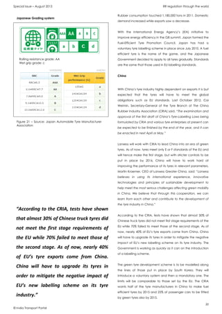 Special Issue – August 2013 RR regulation through the world
22
© India Transport Portal
Rubber consumption touched 1,180,000 tons in 2011. Domestic
demand increased while exports saw a decrease.
With the International Energy Agency’s (IEA) initiative to
improve energy efficiency in the G8 summit, Japan formed the
Fuel-Efficient Tyre Promotion Council. Japan has had a
voluntary tyre labelling scheme in place since July 2010. A fuel
efficient tyre is the name of the game, and the Japanese
Government decided to apply to all tyres gradually. Standards
are the same that those used in EU labelling standards.
China
With China’s tyre industry highly dependent on exports it is but
expected that the tyres will have to meet the global
obligations such as EU standards. Last October 2012, Cai
Weimin, Secretary-General of the Tyre Branch of The China
Rubber Industry Association (CRIA) said, “The examination and
approval of the first draft of China’s Tyre-Labelling Laws being
formulated by CRIA and various tyre enterprises at present can
be expected to be finished by the end of the year, and it can
be enacted in next April or May.”
Lanxess will work with CRIA to lead China into an era of green
tyres. As of now, tyres meet only E or F standards of the EU and
will hence make the first stage, but with stricter controls to be
put in place by 2016, China will have to work hard at
improving the performance of its tyres in relevant parameters.
Martin Kraemer, CEO of Lanxess Greater China, said: “Lanxess
believes in using its international experience, innovative
technologies and principles of sustainable development to
help meet the most serious challenges affecting green mobility
in China. We believe that through this cooperation, we can
learn from each other and contribute to the development of
the tyre industry in China.”
According to the CRIA, tests have shown that almost 30% of
Chinese truck tyres did not meet first stage requirements of the
EU while 70% failed to meet those of the second stage. As of
now, nearly 40% of EU’s tyre exports come from China. China
will have to upgrade its tyres in order to mitigate the negative
impact of EU’s new labelling scheme on its tyre industry. The
Government is working as quickly as it can on the introduction
of a labelling scheme.
The green tyre development scheme is to be modelled along
the lines of those put in place by South Korea. They will
introduce a voluntary system and then a mandatory one. The
limits will be comparable to those set by the EU. The CRIA
wants half of the tyre manufacturers in China to make fuel
efficient tyres by 2015 and 25% of passenger cars to be fitted
by green tyres also by 2015.
Figure 21 – Source: Japan Automobile Tyre Manufacturer
Association
Japanese Grading system
Rolling resistance grade: AA
Wet grip grade: c
“According to the CRIA, tests have shown
that almost 30% of Chinese truck tyres did
not meet the first stage requirements of
the EU while 70% failed to meet those of
the second stage. As of now, nearly 40%
of EU’s tyre exports come from China.
China will have to upgrade its tyres in
order to mitigate the negative impact of
EU’s new labelling scheme on its tyre
industry.”
 
