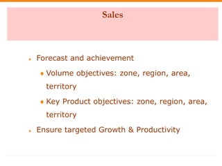 Sales
 Forecast and achievement
 Volume objectives: zone, region, area,
territory
 Key Product objectives: zone, region...