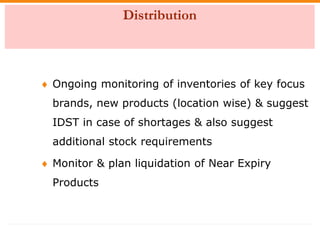 Distribution
 Ongoing monitoring of inventories of key focus
brands, new products (location wise) & suggest
IDST in case ...