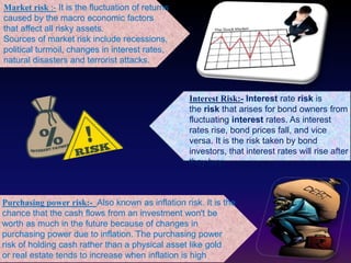 Market risk :- It is the fluctuation of returns
caused by the macro economic factors
that affect all risky assets.
Sources of market risk include recessions,
political turmoil, changes in interest rates,
natural disasters and terrorist attacks.
Purchasing power risk:- Also known as inflation risk. It is the
chance that the cash flows from an investment won't be
worth as much in the future because of changes in
purchasing power due to inflation. The purchasing power
risk of holding cash rather than a physical asset like gold
or real estate tends to increase when inflation is high
Interest Risk:- Interest rate risk is
the risk that arises for bond owners from
fluctuating interest rates. As interest
rates rise, bond prices fall, and vice
versa. It is the risk taken by bond
investors, that interest rates will rise after
they buy.
 