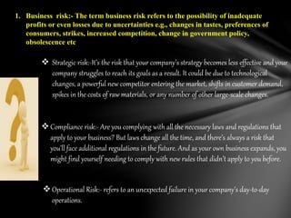 1. Business risk:- The term business risk refers to the possibility of inadequate
profits or even losses due to uncertainties e.g., changes in tastes, preferences of
consumers, strikes, increased competition, change in government policy,
obsolescence etc
 Strategic risk:-It’s the risk that your company’s strategy becomes less effective and your
company struggles to reach its goals as a result. It could be due to technological
changes, a powerful new competitor entering the market, shifts in customer demand,
spikes in the costs of raw materials, or any number of other large-scale changes.
Compliance risk:- Are you complying with all the necessary laws and regulations that
apply to your business? But laws change all the time, and there’s always a risk that
you’ll face additional regulations in the future. And as your own business expands, you
might find yourself needing to comply with new rules that didn’t apply to you before.
Operational Risk:- refers to an unexpected failure in your company’s day-to-day
operations.
 
