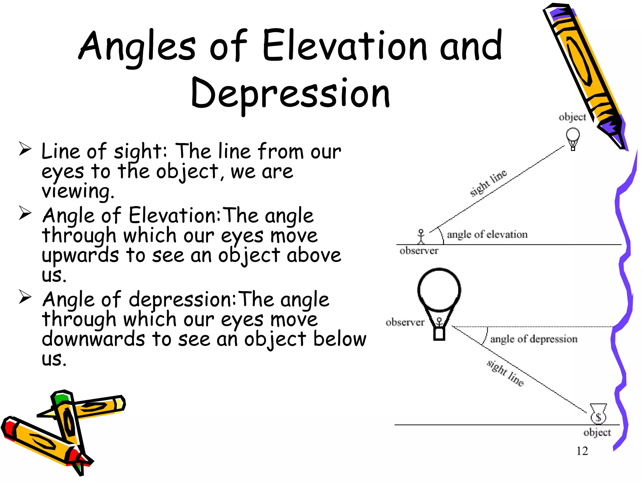 12
Angles of Elevation and
Depression
 Line of sight: The line from our
eyes to the object, we are
viewing.
 Angle of Elevation:The angle
through which our eyes move
upwards to see an object above
us.
 Angle of depression:The angle
through which our eyes move
downwards to see an object below
us.
 