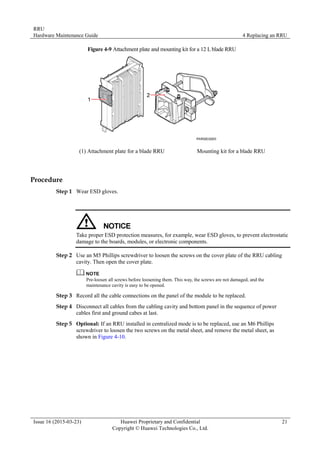 RRU
Hardware Maintenance Guide 4 Replacing an RRU
Issue 16 (2015-03-23) Huawei Proprietary and Confidential
Copyright © Huawei Technologies Co., Ltd.
21
Figure 4-9 Attachment plate and mounting kit for a 12 L blade RRU
(1) Attachment plate for a blade RRU Mounting kit for a blade RRU
Procedure
Step 1 Wear ESD gloves.
Take proper ESD protection measures, for example, wear ESD gloves, to prevent electrostatic
damage to the boards, modules, or electronic components.
Step 2 Use an M5 Phillips screwdriver to loosen the screws on the cover plate of the RRU cabling
cavity. Then open the cover plate.
Pre-loosen all screws before loosening them. This way, the screws are not damaged, and the
maintenance cavity is easy to be opened.
Step 3 Record all the cable connections on the panel of the module to be replaced.
Step 4 Disconnect all cables from the cabling cavity and bottom panel in the sequence of power
cables first and ground cabes at last.
Step 5 Optional: If an RRU installed in centralized mode is to be replaced, use an M6 Phillips
screwdriver to loosen the two screws on the metal sheet, and remove the metal sheet, as
shown in Figure 4-10.
 