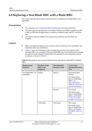 RRU
Hardware Maintenance Guide 4 Replacing an RRU
Issue 16 (2015-03-23) Huawei Proprietary and Confidential
Copyright © Huawei Technologies Co., Ltd.
27
4.4 Replacing a Non-Blade RRU with a Blade RRU
This section describes the procedure and precautions for replacing a non-blade RRU with a
blade RRU.
Prerequisites
 The operations in 4.1 Preparations Before Replacement have been performed.
 The following tools and materials are available: ESD gloves, Phillips screwdrivers (M3
to M6), an M6 inner hexagon torque screwdriver, waterproof tape, and PVC insulation
tape.
 The number and type of RRUs to be replaced are confirmed, and new RRUs are
available.
Context
 RRUs and attachment plates in this section are only for reference. The actual RRUs and
attachment plates may be different.
 Table 4-1 shows the installation of the mounting kits and conversion bracket when
non-blade RRUs are assembled. When non-blade RRUs are not assembled, the mounting
kits and conversion bracket for blade RRUs are required for assist subsequent capacity
expansion, as shown in Table 4-1.
Table 4-1 Mounting kits and conversion bracket used for replacing non-blade RRUs with blade
RRUs
Replacement
Scenario
Position of the
RRU to be
Replaced
Mounting Kit
Reused or Not
Conversion
Bracket Reused or
Not
Non-blade RRUs are
assembled.
Middle Reused (Recommended)
Reused
For details about
how to install blade
RRUs, see
(Recommended)
Method 1: Reuse the
conversion bracket
Reused Not reused
For details about
how to install blade
RRUs, see Method
2: The conversion
bracket is not reused
At bot sides Not reused Not reused
For details about
how to install blade
RRUs, see Replace
the RRUs at the two
sides
 