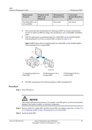 RRU
Hardware Maintenance Guide 4 Replacing an RRU
Issue 16 (2015-03-23) Huawei Proprietary and Confidential
Copyright © Huawei Technologies Co., Ltd.
28
Replacement
Scenario
Position of the
RRU to be
Replaced
Mounting Kit
Reused or Not
Conversion
Bracket Reused or
Not
Non-blade RRUs are
not assembled.
- Not reused Not reused
 This section describes the procedure for replacing an RRU by reusing a mounting kit.
For how to replace an RRU by using a new mounting kit, see a related RRU installation
guide.
 After the replacement, an attachment plate for a blade RRU can be installed together
with mounting kit A or B for a common RRU, as shown in Figure 4-18.
Figure 4-18 Scenario where an attachment plate for a blade RRU can be installed together
with a mounting kit for a common RRU
(1) Attachment plate for a
blade RRU
(2) Mounting kit A for a
common RRU
(3) Mounting kit B for a
common RRU
 The RRU mounting kit in the following figures is RRU mounting kit B.
Procedure
Step 1 Wear ESD gloves.
Take proper ESD protection measures, for example, wear ESD gloves, to prevent electrostatic
damage to the boards, modules, or electronic components.
Step 2 Remove cables for a faulty RRU and then remove RRU according to steps Step 1 to Step 8 in
4.2.1 Replacing an RRU Using a Mounting Kit for a Common RRU.
Step 3 Install the blade RRU.
 