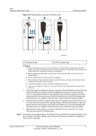 RRU
Hardware Maintenance Guide 4 Replacing an RRU
Issue 16 (2015-03-23) Huawei Proprietary and Confidential
Copyright © Huawei Technologies Co., Ltd.
32
Figure 4-23 Waterproofing a connector of the alarm cable
(1) Waterproof tape (2) PVC insulation tape
 Before the replacement, ports for the alarm cables of a common RRU are positioned in the RRU
cabling cavity. After the replacement, ports for the alarm cables of a blade RRU are positioned at the
bottom of the RRU, and the ports need to be waterproofed.
 Before wrapping waterproof tape, stretch the tape evenly until the length of the tape is twice its
original length.
 Do not stretch the PVC insulation tape when wrapping it.
 Wrap each layer of tape around the connector tightly and neatly, and ensure that each layer of tape
overlaps more than 50% of the lower layer.
 Ensure that the adhesive surface of the tape overlaps the lower layer.
 Leave an extra length of 3 mm (0.12 in.) to 5 mm (0.20 in.) when cutting off the extra part of the
cable ties.
1. Wrap three layers of waterproof tape on a connector, first from bottom up, then from top
down, and finally from bottom up. Start wrapping the connector at a position 50 mm
(1.97 in.) away from the bottom of the connector to the top of the connector, first from
bottom up, then from top down, and finally from bottom up. Cut off the redundant tape
after three layers are wrapped. Wrap each layer of tape around the connector tightly.
2. Wrap three layers of PVC insulation tape. Start the wrapping at a position 30 mm (1.18
in.) away below the bottom of the waterproof tape to the top of the connector, first from
bottom up, then from top down, and finally from bottom up. Cut off the redundant tape
after three layers are wrapped. Wrap each layer of tape around the connector tightly.
3. Bind cable ties to the cables at a position 3 mm (0.118 in.) to 5 mm (0.197 in.) away
from one end of the PVC insulation tape.
Step 7 Ensure that vacant cable troughs in the cabling cavity are blocked by waterproof blocks. Close
the cover plate of the RRU cabling cavity, and use an M5 torque screwdriver to tighten the
screws on the cover plate.
 