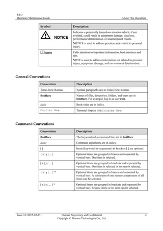 RRU
Hardware Maintenance Guide About This Document
Issue 16 (2015-03-23) Huawei Proprietary and Confidential
Copyright © Huawei Technologies Co., Ltd.
iv
Symbol Description
Indicates a potentially hazardous situation which, if not
avoided, could result in equipment damage, data loss,
performance deterioration, or unanticipated results.
NOTICE is used to address practices not related to personal
injury.
Calls attention to important information, best practices and
tips.
NOTE is used to address information not related to personal
injury, equipment damage, and environment deterioration.
General Conventions
Convention Description
Times New Roman Normal paragraphs are in Times New Roman.
Boldface Names of files, directories, folders, and users are in
boldface. For example, log in as user root.
Italic Book titles are in italics.
Courier New Terminal display is in Courier New.
Command Conventions
Convention Description
Boldface The keywords of a command line are in boldface.
Italic Command arguments are in italics.
[ ] Items (keywords or arguments) in brackets [ ] are optional.
{ x | y | ... } Optional items are grouped in braces and separated by
vertical bars. One item is selected.
[ x | y | ... ] Optional items are grouped in brackets and separated by
vertical bars. One item is selected or no item is selected.
{ x | y | ... } * Optional items are grouped in braces and separated by
vertical bars. A minimum of one item or a maximum of all
items can be selected.
[ x | y | ... ] * Optional items are grouped in brackets and separated by
vertical bars. Several items or no item can be selected.
 