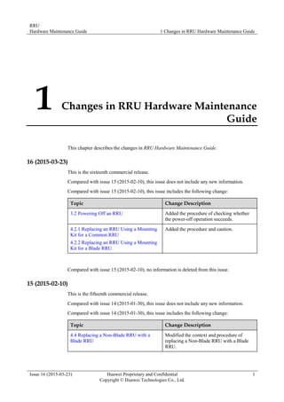 RRU
Hardware Maintenance Guide 1 Changes in RRU Hardware Maintenance Guide
Issue 16 (2015-03-23) Huawei Proprietary and Confidential
Copyright © Huawei Technologies Co., Ltd.
1
1 Changes in RRU Hardware Maintenance
Guide
This chapter describes the changes in RRU Hardware Maintenance Guide.
16 (2015-03-23)
This is the sixteenth commercial release.
Compared with issue 15 (2015-02-10), this issue does not include any new information.
Compared with issue 15 (2015-02-10), this issue includes the following change:
Topic Change Description
3.2 Powering Off an RRU Added the procedure of checking whether
the power-off operation succeeds.
4.2.1 Replacing an RRU Using a Mounting
Kit for a Common RRU
4.2.2 Replacing an RRU Using a Mounting
Kit for a Blade RRU
Added the procedure and caution.
Compared with issue 15 (2015-02-10), no information is deleted from this issue.
15 (2015-02-10)
This is the fifteenth commercial release.
Compared with issue 14 (2015-01-30), this issue does not include any new information.
Compared with issue 14 (2015-01-30), this issue includes the following change:
Topic Change Description
4.4 Replacing a Non-Blade RRU with a
Blade RRU
Modified the context and procedure of
replacing a Non-Blade RRU with a Blade
RRU.
 