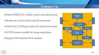 Multimedia Application Lab
NCUT Department of Computer Science and Information Engineering
8
Arduino Car
•Arduino MEGA for vehicle control and transmission.
•3D print the vehicle body using PLA material.
•Utilize GA12-N20 gear motor for vehicle movement.
•OV7670 camera module for image acquisition.
•Integrate ESP Arduino Wi-Fi module.
 