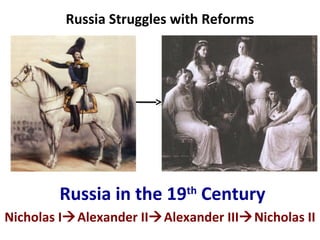 Russia Struggles with Reforms
Russia in the 19th
Century
Nicholas IAlexander IIAlexander IIINicholas II
 