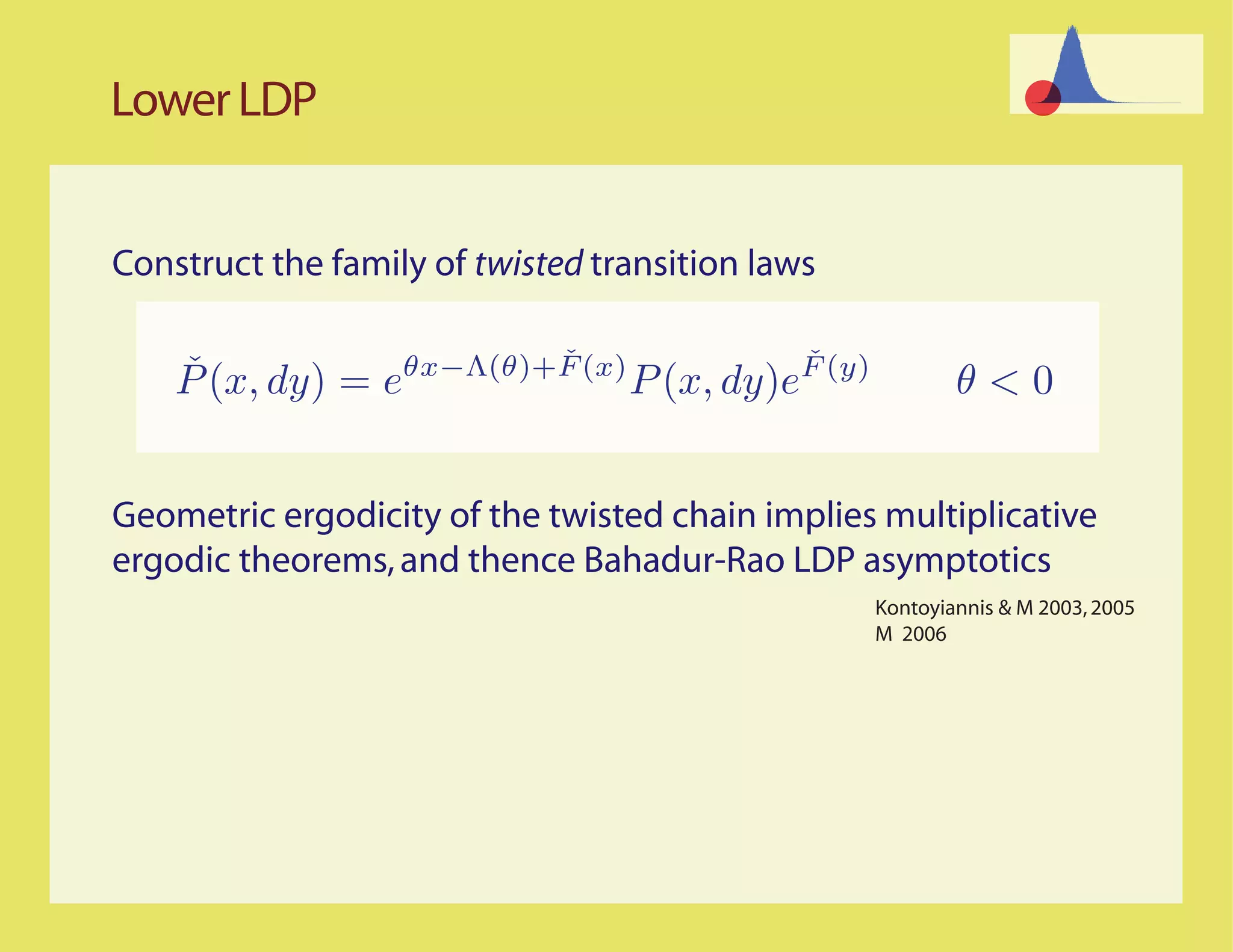 Lower LDP


Construct the family of twisted transition laws

                         ˇ               ˇ
    ˇ (x, dy) = eθx−Λ(θ)+F (x) P (x, dy)eF (y)
    P                                                     θ<0


Geometric ergodicity of the twisted chain implies multiplicative
ergodic theorems, and thence Bahadur-Rao LDP asymptotics
                                                  Kontoyiannis & M 2003, 2005
                                                  M 2006
 