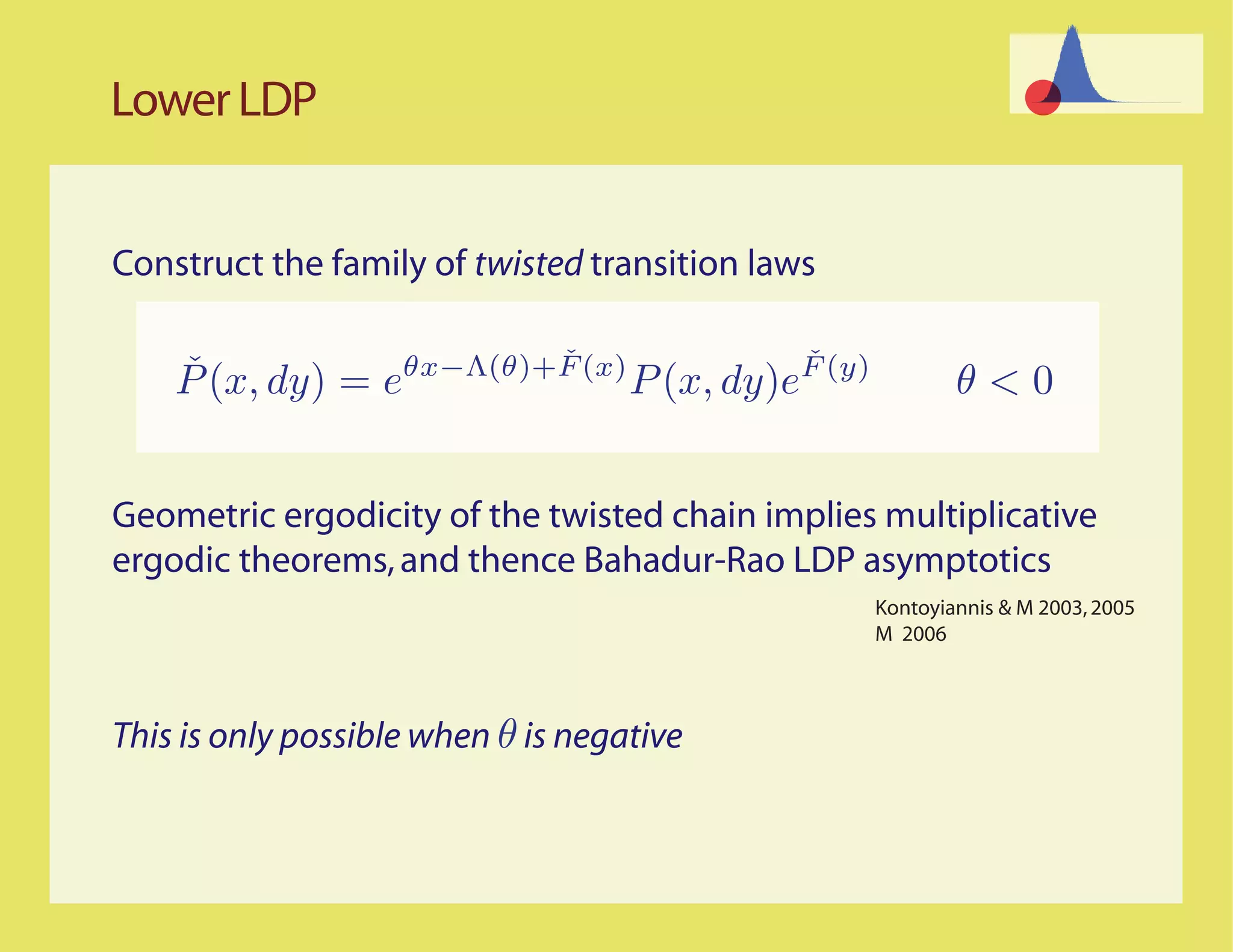 Lower LDP


Construct the family of twisted transition laws

                         ˇ               ˇ
    ˇ (x, dy) = eθx−Λ(θ)+F (x) P (x, dy)eF (y)
    P                                                     θ<0


Geometric ergodicity of the twisted chain implies multiplicative
ergodic theorems, and thence Bahadur-Rao LDP asymptotics
                                                  Kontoyiannis & M 2003, 2005
                                                  M 2006



This is only possible when θ is negative
 