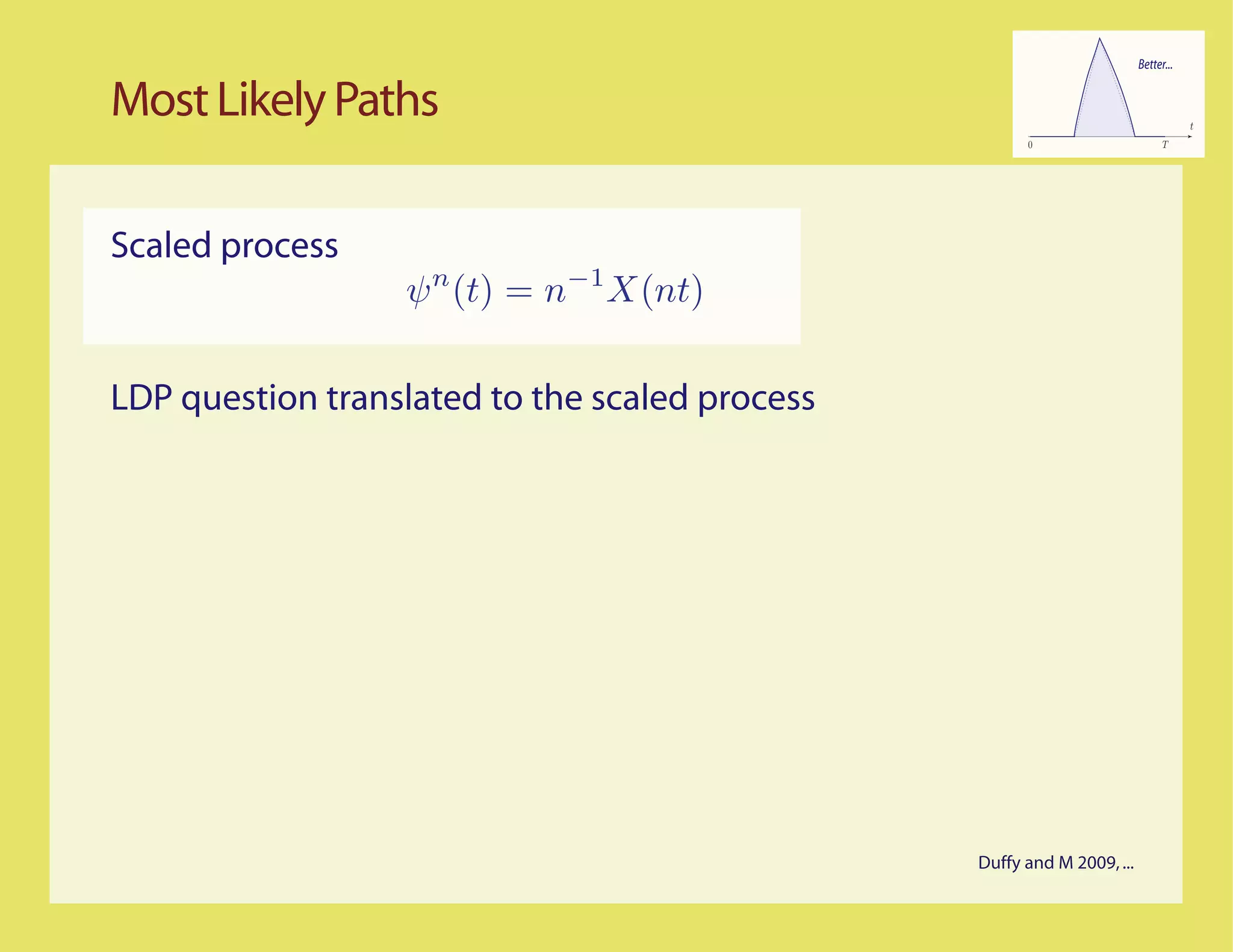 Better...


Most Likely Paths                                                                   t
                                                      0                       T




Scaled process
                  ψ n (t) = n−1 X(nt)

LDP question translated to the scaled process




                                                Duffy and M 2009, ...
 
