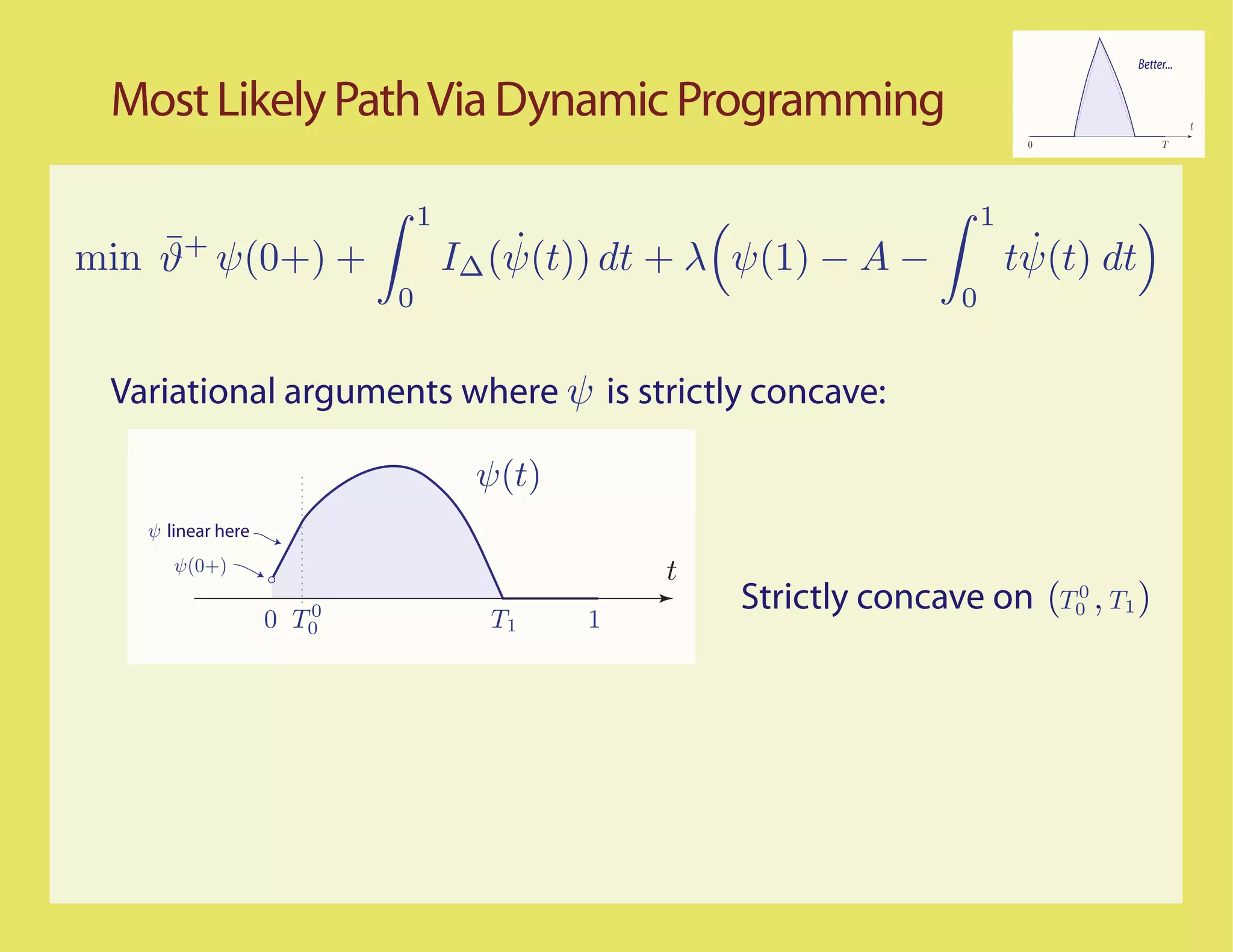 Better...


 Most Likely Path Via Dynamic Programming                                                          t
                                                                             0               T




                                1                                       1
    ¯
min ϑ+ ψ(0+) +                          ˙
                                    I∆ (ψ(t)) dt + λ ψ(1) − A −              ˙
                                                                            tψ(t) dt
                            0                                       0


 Variational arguments where ψ is strictly concave:

                                     ψ(t)
   ψ linear here
      ψ(0+)                                     t
                        0                           Strictly concave on (T00 , T1 )
                   0   T0             T1    1
 