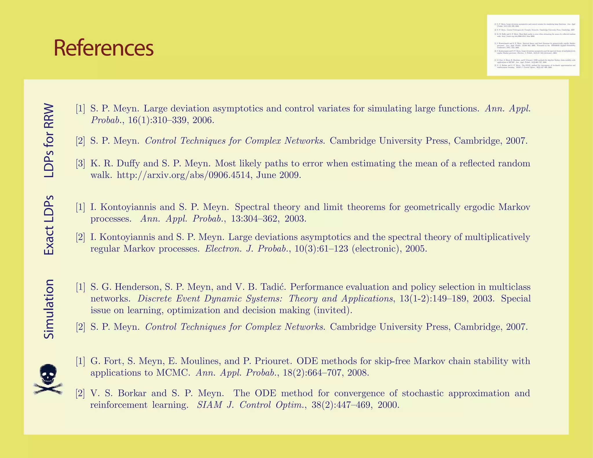[1] S. P. Meyn. Large deviation asymptotics and control variates for simulating large functions. Ann. Appl.
                                                                                                                      Probab., 16(1):310–339, 2006.

                                                                                                                  [2] S. P. Meyn. Control Techniques for Complex Networks. Cambridge University Press, Cambridge, 2007.

                                                                                                                  [3] K. R. Duﬀy and S. P. Meyn. Most likely paths to error when estimating the mean of a reﬂected random
                                                                                                                      walk. http://arxiv.org/abs/0906.4514, June 2009.




         References                                                                                               [1] I. Kontoyiannis and S. P. Meyn. Spectral theory and limit theorems for geometrically ergodic Markov
                                                                                                                      processes. Ann. Appl. Probab., 13:304–362, 2003. Presented at the INFORMS Applied Probability
                                                                                                                      Conference, NYC, July, 2001.

                                                                                                                  [2] I. Kontoyiannis and S. P. Meyn. Large deviations asymptotics and the spectral theory of multiplicatively
                                                                                                                      regular Markov processes. Electron. J. Probab., 10(3):61–123 (electronic), 2005.



                                                                                                                  [1] G. Fort, S. Meyn, E. Moulines, and P. Priouret. ODE methods for skip-free Markov chain stability with
                                                                                                                      applications to MCMC. Ann. Appl. Probab., 18(2):664–707, 2008.
                                                                                                                  [2] V. S. Borkar and S. P. Meyn. The O.D.E. method for convergence of stochastic approximation and
                                                                                                                      reinforcement learning. SIAM J. Control Optim., 38(2):447–469, 2000.
LDPs for RRW



               [1] S. P. Meyn. Large deviation asymptotics and control variates for simulating large functions. Ann. Appl.
                   Probab., 16(1):310–339, 2006.

               [2] S. P. Meyn. Control Techniques for Complex Networks. Cambridge University Press, Cambridge, 2007.

               [3] K. R. Duﬀy and S. P. Meyn. Most likely paths to error when estimating the mean of a reﬂected random
                   walk. http://arxiv.org/abs/0906.4514, June 2009.
Exact LDPs




               [1] I. Kontoyiannis and S. P. Meyn. Spectral theory and limit theorems for geometrically ergodic Markov
                   processes. Ann. Appl. Probab., 13:304–362, 2003.
               [2] I. Kontoyiannis and S. P. Meyn. Large deviations asymptotics and the spectral theory of multiplicatively
                   regular Markov processes. Electron. J. Probab., 10(3):61–123 (electronic), 2005.
Simulation




               [1] S. G. Henderson, S. P. Meyn, and V. B. Tadi´. Performance evaluation and policy selection in multiclass
                                                                c
                   networks. Discrete Event Dynamic Systems: Theory and Applications, 13(1-2):149–189, 2003. Special
                   issue on learning, optimization and decision making (invited).
               [2] S. P. Meyn. Control Techniques for Complex Networks. Cambridge University Press, Cambridge, 2007.


               [1] G. Fort, S. Meyn, E. Moulines, and P. Priouret. ODE methods for skip-free Markov chain stability with
                   applications to MCMC. Ann. Appl. Probab., 18(2):664–707, 2008.

               [2] V. S. Borkar and S. P. Meyn. The ODE method for convergence of stochastic approximation and
                   reinforcement learning. SIAM J. Control Optim., 38(2):447–469, 2000.
 
