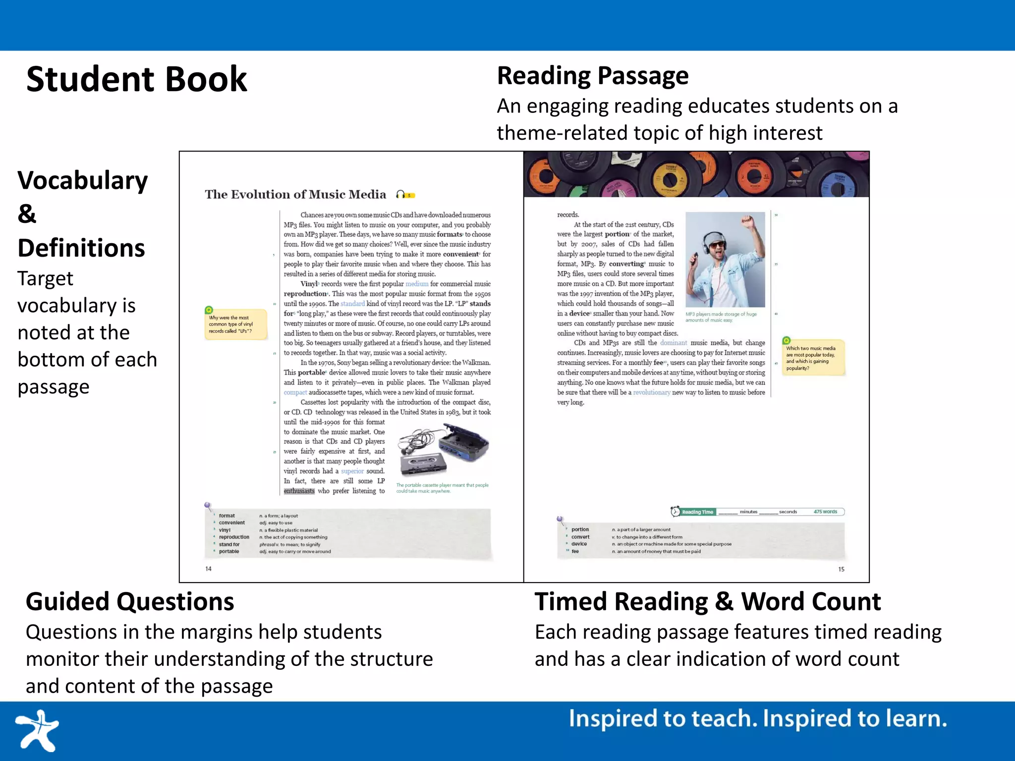 Student Book Reading Passage
An engaging reading educates students on a
theme-related topic of high interest
Guided Questions
Questions in the margins help students
monitor their understanding of the structure
and content of the passage
Timed Reading & Word Count
Each reading passage features timed reading
and has a clear indication of word count
Vocabulary
&
Definitions
Target
vocabulary is
noted at the
bottom of each
passage
 