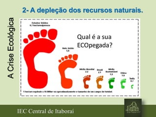 IEC Central de Itaboraí
ACriseEcológica 2- A depleção dos recursos naturais.
Qual é a sua
ECOpegada?
 