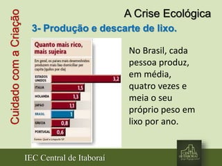 IEC Central de Itaboraí
CuidadocomaCriação A Crise Ecológica
3- Produção e descarte de lixo.
No Brasil, cada
pessoa produz,
em média,
quatro vezes e
meia o seu
próprio peso em
lixo por ano.
 