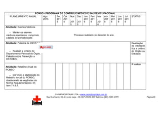 CARMO HOSPITALAR LTDA – www.carmohospitalar.com.br
Rua Riachuelo, 30, Arcos da Lapa – RJ, CEP 20530-000 Telefone (21) 2245-6789 Página 19
PCMSO - PROGRAMA DE CONTROLE MÉDICO E SAÚDE OCUPACIONAL
PLANEJAMENTO ANUAL Ago.
2015
Set.
201
5
Out.
201
5
Nov
.
201
5
Dez
.
201
5
Jan.
201
6
Fev.
201
6
Mar
.
201
6
Abr.
201
6
Mai.
201
6
Jun.
201
6
Jul.
201
6
STATUS
Atividade: Exames Médicos
⇒ Manter os exames
médicos atualizados, cumprindo
a tabela de periodicidade.
Processo realizado no decorrer do ano
Atividade: Palestra de DST/AIDS
⇒ Realizar a Critério do
Departamento Pessoal do Órgão,
Palestra sobre Prevenção a
DST/AIDS.
Realização
da Atividade
fica a critério
do Órgão ou
Entidade.
Atividade: Relatório Anual do
PCMSO
⇒ Dar inicio a elaboração do
Relatório Anual do PCMSO,
obedecendo as exigências da
Norma Regulamentadora 07,
item 7.4.6.1.
À realizar
 
