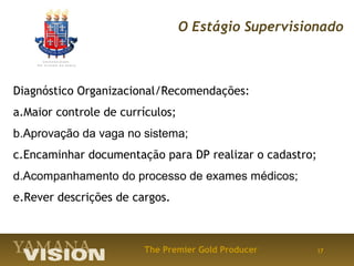 O Estágio Supervisionado



Diagnóstico Organizacional/Recomendações:
a.Maior controle de currículos;
b.Aprovação da vaga no sistema;
c.Encaminhar documentação para DP realizar o cadastro;
d.Acompanhamento do processo de exames médicos;
e.Rever descrições de cargos.



                        The Premier Gold Producer        17
 