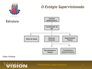 O Estágio Supervisionado


                                            Gerente

   Estrutura                              Administrativo



                                          Coordenador de
                                                RH




                                             Recursos         Departamento
                  Plano de Saúde
                                             Humanos             Pessoal




                                        Recrutamento e      Treinamento e
                                            Seleção        Desenvolvimento


Fonte: Primária



                                   The Premier Gold Producer                 9
 