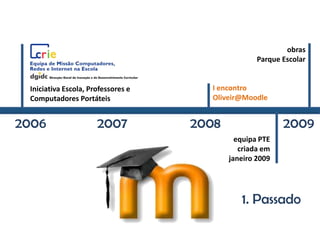1. Passado
equipa PTE
criada em
janeiro 2009
Iniciativa Escola, Professores e
Computadores Portáteis
obras
Parque Escolar
I encontro
Oliveir@Moodle
2006 2007 2008 2009
 