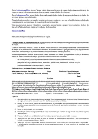 Como Indicadores Meio, temos: Tempo médio de preenchimento de vagas; índice de preenchimento de 
vagas no prazo; índice de adequação do empregado à vaga e índice de retenção. 
Como Indicadores Fim, temos: Índice de entrada ou admissão; índice de saída ou desligamento; índice de 
turn-over global e por substituição. 
Estes indicadores podem ser usados isoladamente ou em conjunto e seu uso e freqüência de medição vão 
variar de acordo como contexto do negócio onde estiver inserido. 
Vale ressaltar ainda que os indicadores e exemplos apresentados a seguir, foram extraídos do livro de 
Marcelino Tadeu de Assis citado na introdução deste capítulo. 
Indicadores Meio 
Indicador: Tempo médio de preenchimento de vagas. 
O tempo médio de preenchimento de vagas pode ser um indicador essencial no processo de preenchimento 
de vagas. 
O cálculo é simples, embora a coleta de dados possa demandar, como sempre demanda, um investimento 
de tempo e, se possível, de um sistema automático de processamento e geração de dados que possam ser 
traduzidos em informação e, posteriormente, em conhecimento sobre o processo. 
A tabela apresentada no livro de Marcelino Tadeu de Assis traz dados que permitem o cálculo do tempo 
médio de preenchimento das vagas, podendo tal tempo médio ser calculado: 
- de forma global (todos os processos sendo preenchidos em determinado mês); 
- por plano de cargo (administrativo, executivo, operacional, mensalista, horista, etc.) ou 
- considerando-se a fonte externa ou a interna. 
Dados sobre o processo Preenchimento de Vaga 
Mês preenchimento da vaga Vaga Titulo do Cargo(da vaga) 
Plano do Cargo Processo(Externo ou Interno) Tempo em Dias 
Real 
Previsto 
(A)JaneiroJaneiroJaneiroJaneiroJaneiroJaneiroJaneiroJaneiroJaneiroJaneiroJaneiroJaneiroJaneiroJaneiroJaneiro 
(B)1316122233273849446055667177 (C)SecretáriaAnl. ContabilidadeAnl. VendasAnl. 
FinanceiroAux. AdministrativoGer. ContabilidadeDiretor ComercialGer. ComprasOperador MáquinaOperador 
MáquinaOperador MáquinaOperador MáquinaOperador MáquinaSoldadorEletricista 
(D)AdministrativoAdministrativoAdministrativoAdministrativoAdministrativoExecutivoExecutivoExecutivoOperacionalOperacionalOperacionalOperacionalOperacionalOperacionalOperacional 
(E)ExternoExternoExternoExternoInternoExternoExternoInternoExternoExternoExternoExternoExternoInternoInterno 
(F)1926293520608748911121215710 (G)21212121212828287777777 
Legenda: 
A) Mês de ocorrência do evento “preenchimento de vagas”: Como pode ser percebido, em janeiro houve 15 preenchimentos 
de vagas, embora antes pudessem estar “em aberto” (para serem preenchidas). 
B) Número da Vaga: Trata-se apenas de uma variável de uso da empresa Alfa, sem representatividade quando se trata de 
medições, exceto quando tais números possuem outros significados do que simplesmente indicar o número interno de 
uma vaga. 
C) Nome do cargo utilizado para contratação. 
D) Classificação interna do cargo contratado. O cargo de Secretária, por exemplo, dá vaga “1” está enquadrado no plano 
“administrativo”. 
E) Processo fechado com candidato do meio interno (da própria empresa) ou externo (do mercado). 
F) Tempo real, em dias, entre as datas de início do processo de preenchimento (data inicial) e final (contratação ou 
inclusão na vaga/cargo/posição em aberto). 
G) Tempo que, segundo a empresa Alfa, deve ser considerado como prazo máximo para contratação. Para a empresa Alfa, 
o tempo máximo pode variar conforme as características predominantes do cargo e do grau de dificuldade para 
reposição. 
 