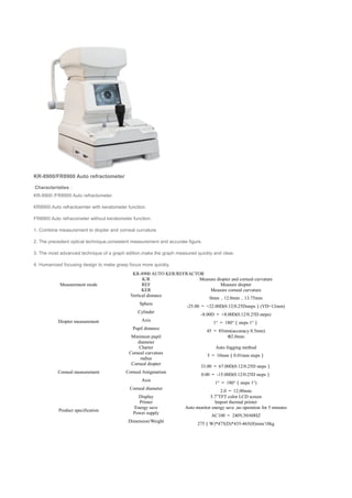 KR-8900/FR8900 Auto refractometer
Characteristies：
KR-8900 /FR8900 Auto refractometer
KR8900 Auto refractoemter with keratometer function.
FR8900 Auto refracometer without keratometer function.
1. Combine measurement to diopter and corneal curvature
2. The precedent optical technique,consistent measurement and accurate figure.
3. The most advanced technique of a graph edition,make the graph measured quickly and clear.
4. Humanized focusing design to make grasp focus more quickly.
KR-8900 AUTO KER/REFRACTOR
Measurement mode
K/R Measure diopter and corneal curvature
REF Measure diopter
KER Measure corneal curvature
Diopter measurement
Vertical distance
0mm，12.0mm，13.75mm
Sphere
-25.00 ～ +22.00D(0.12/0.25Dsteps）(VD=12mm)
Cylinder
-8.00D ～ +8.00D(0.12/0.25D steps)
Axis
1° ～ 180°（steps 1°）
Pupil distance
45 ～ 85mm(accuracy 0.5mm)
Minimum pupil
diameter
Φ2.0mm
Charter Auto fogging method
Corneal measurement
Corneal curvature
radius
5 ～ 10mm（0.01mm steps）
Corneal diopter
33.00 ～ 67.00D(0.12/0.25D steps）
Corneal Astigmatism
0.00 ～ -15.00D(0.12/0.25D steps）
Axis
1° ～ 180°（steps 1°)
Corneal diameter
2.0 ～ 12.00mm
Product specification
Display 5.7”TFT color LCD screen
Printer Import thermal printer
Energy save Auto monitor energy save ,no operation for 5 minutes
Power supply
AC100 ～ 240V,50/60HZ
Dimension/Weight
275（W)*475(D)*435-465(H)mm/18kg
 