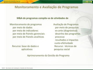 Monitoramento e Avaliação de Programas

                         M&A de programas compõe-se de atividades de

             Monitoramento de programas                         Avaliação de Programas
               por meio de dados                                  por meio de pesquisas
               por meio de indicadores                           ex-ante (diagnóstico)
               por meio de Painéis gerenciais                     desenho dos programas
               por meio de Painéis analíticos                    processo
                                                                  resultados e impactos
                                                                 custo-efetividade
                 Recurso: base de dados e                        Recurso: técnicas de
                         aplicativos                            pesquisa social

                                           Aprimoramento da Gestão do Programa



SAGI - Secretaria de Avaliação e Gestão da Informação
 
