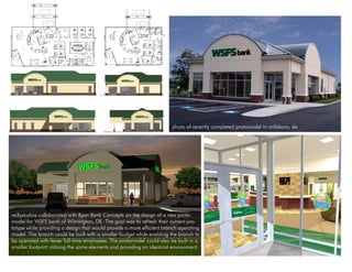 photo of recently completed protomodel in millsboro, de




reillystudios collaborated with Ryan Bank Concepts on the design of a new proto-
model for WSFS bank of Wilmington, DE. The goal was to refresh their current pro-
totype while providing a design that would provide a more efficient branch operating
model. The branch could be built with a smaller budget while enabling the branch to
be operated with fewer full-time employees. The protomodel could also be built in a
smaller footprint utilizing the same elements and providing an identical environment.
 